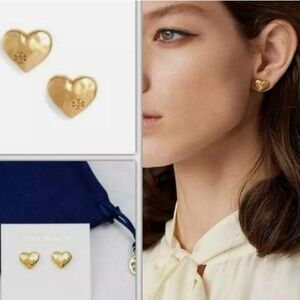 Tory Burch Heart Logo Stud Gold Tone Earrings